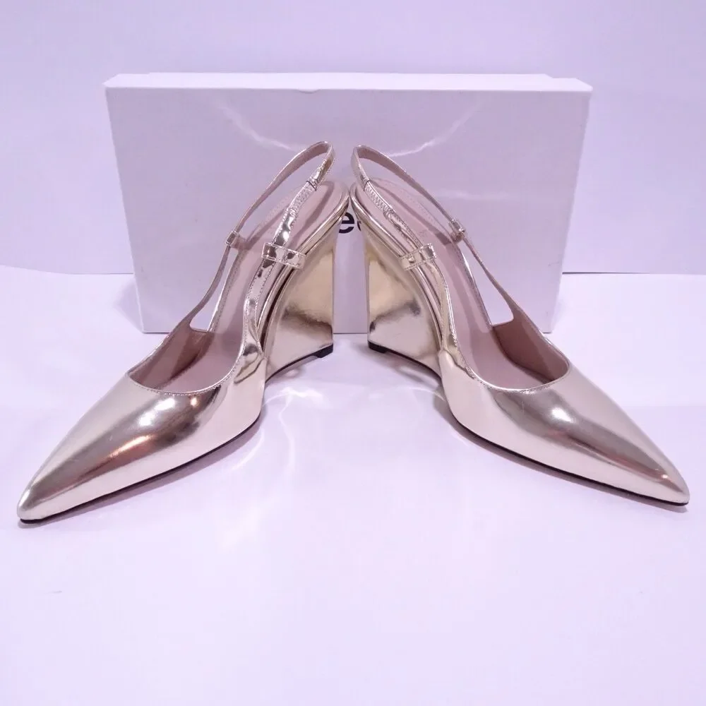 Theory Women's Slingback Wedge Pump in Metallic Leather $395 Sz 38 GOLD